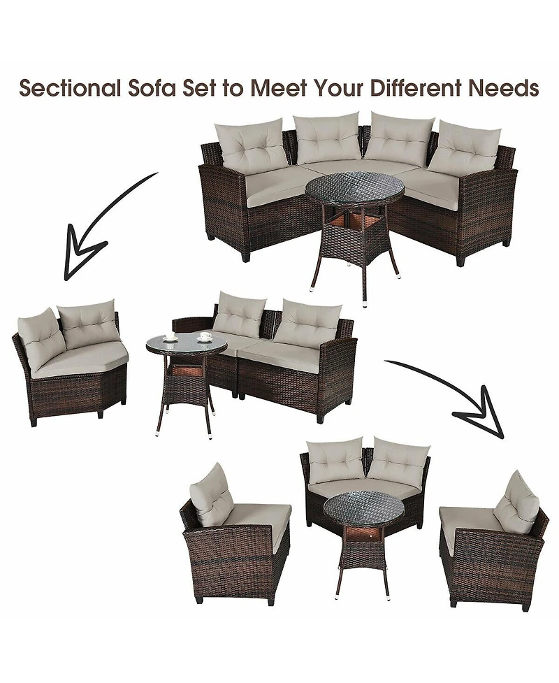 Gymax 4PCS Rattan Outdoor Patio Furniture Set Sectional Sofa Table w/ Cushions