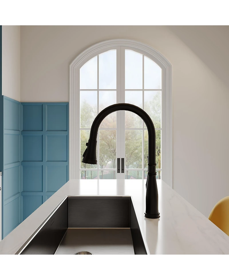 Modern Double Handle 3-Holes Deck Mount Bridge Kitchen Faucet with 2-Sprayer Patterns and 360 Swivel Spout in