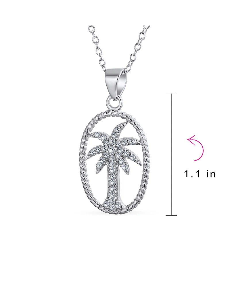 Bling Jewelry Oval Frame Nautical Cz Palm Tree Pendant Necklace in Sterling Silver