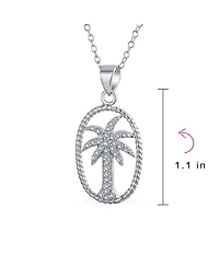 Bling Jewelry Oval Frame Nautical Cz Palm Tree Pendant Necklace in Sterling Silver