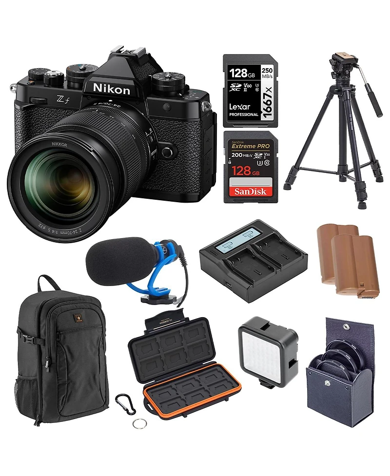 Nikon Z f Mirrorless Camera with Nikkor Z 24-70mm f/4 S Lens, Bundle with 3-Section Al Video Tripod, TASC300 Shotgun Mic, 2x 128GB Sdxc Memory Card an