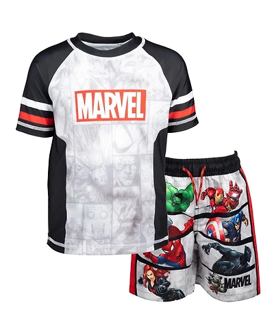 Avengers Boys Marvel Spider-Man Captain America Hulk Iron Man Pullover Rash Guard & Swim Trunks Outfit Set to