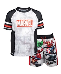 Avengers Boys Marvel Spider-Man Captain America Hulk Iron Man Pullover Rash Guard & Swim Trunks Outfit Set to