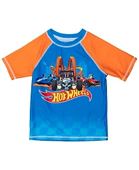 Hot Wheels Toddler Boys Upf 50+ Pullover Rash Guard and Swim Trunks Outfit Set to