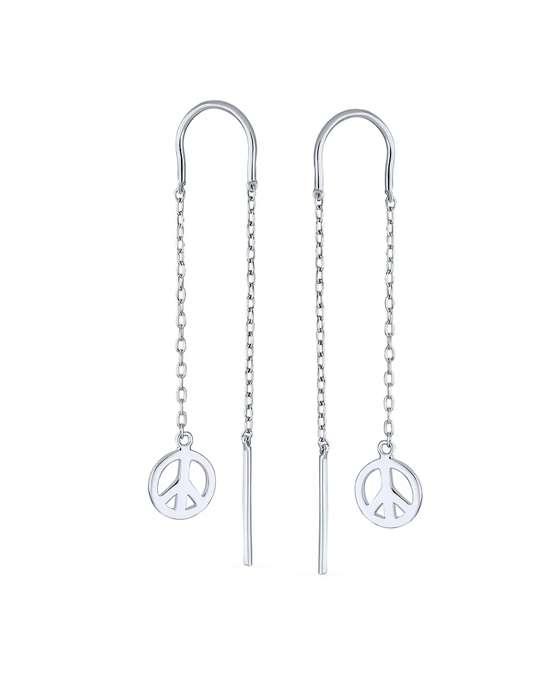 Bling Jewelry Tiny World Peace Sign Dangle Earrings Lightweight Long Flat Chain Threader Sterling Silver