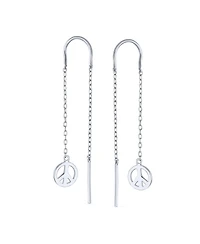 Bling Jewelry Tiny World Peace Sign Dangle Earrings Lightweight Long Flat Chain Threader Sterling Silver