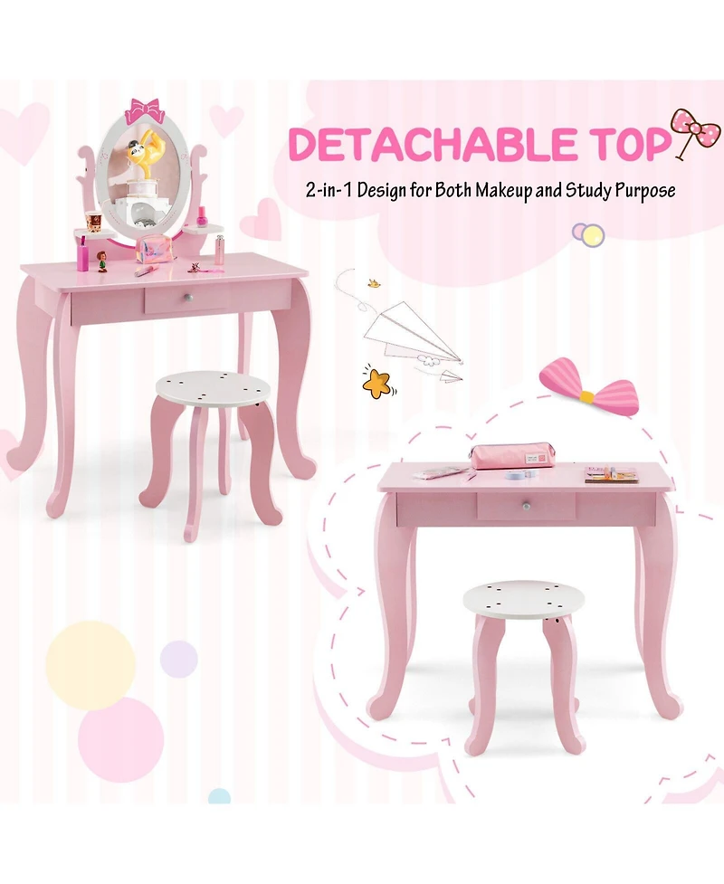 Kid Vanity Table Stool Set with Oval Rotatable Mirror