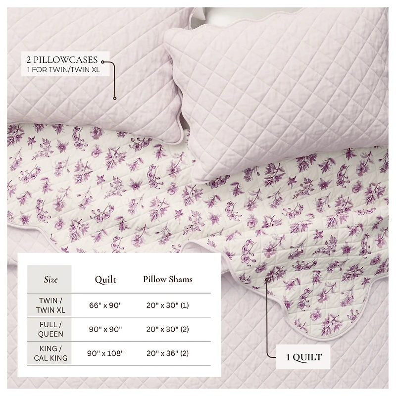 Linery & Co. Cotton Stitched Reversible Floral 3 Piece Scalloped Quilt and Sham Set