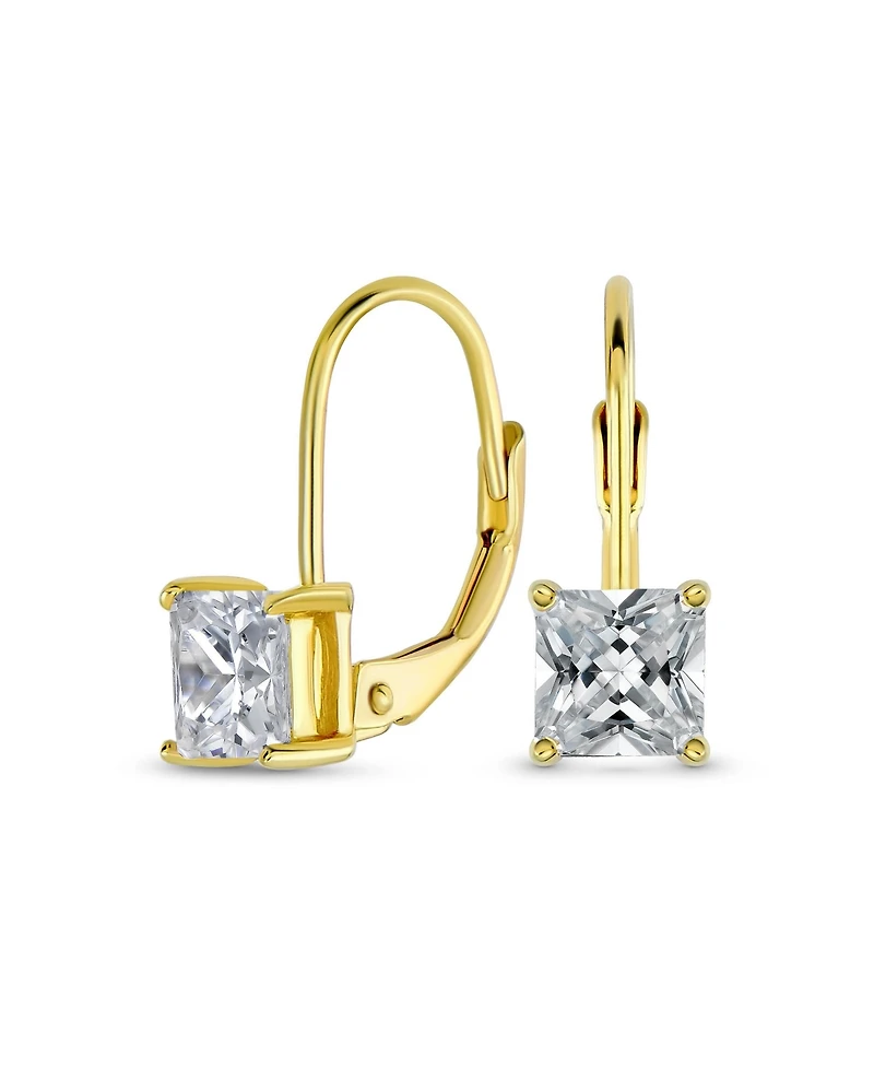 Bling Jewelry Classic Cubic Zirconia Square Princess Cut Solitaire Cz Lever back Earrings Gold Plated .925 Sterling Silver