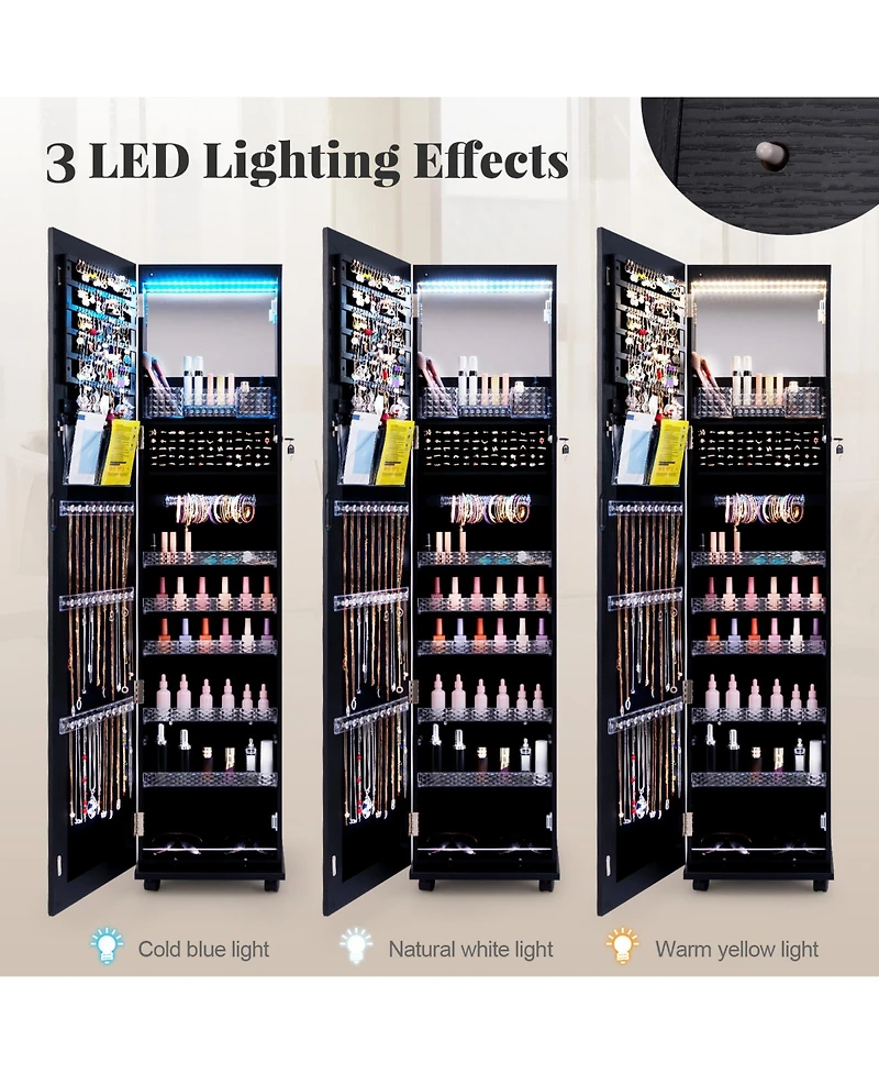 64 Inches Lockable Jewelry Cabinet Armoire with Built-in Makeup Mirror