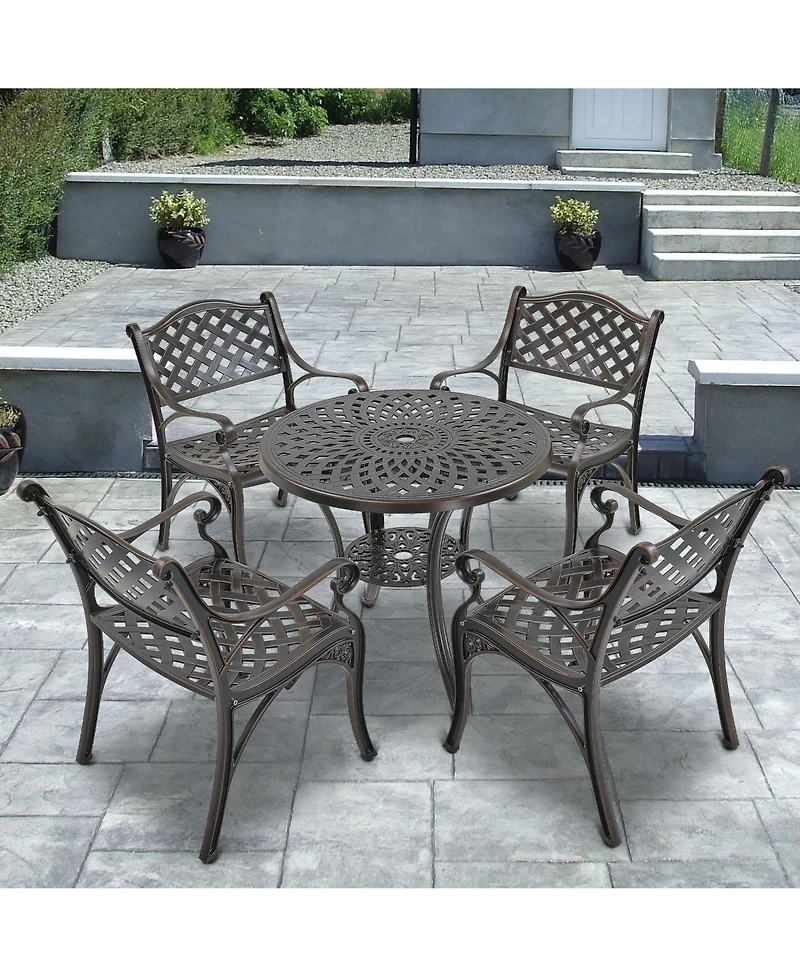 5-Piece Cast Aluminum Outdoor Furniture Patio Dining Set Table with Umbrella Hole Chairs