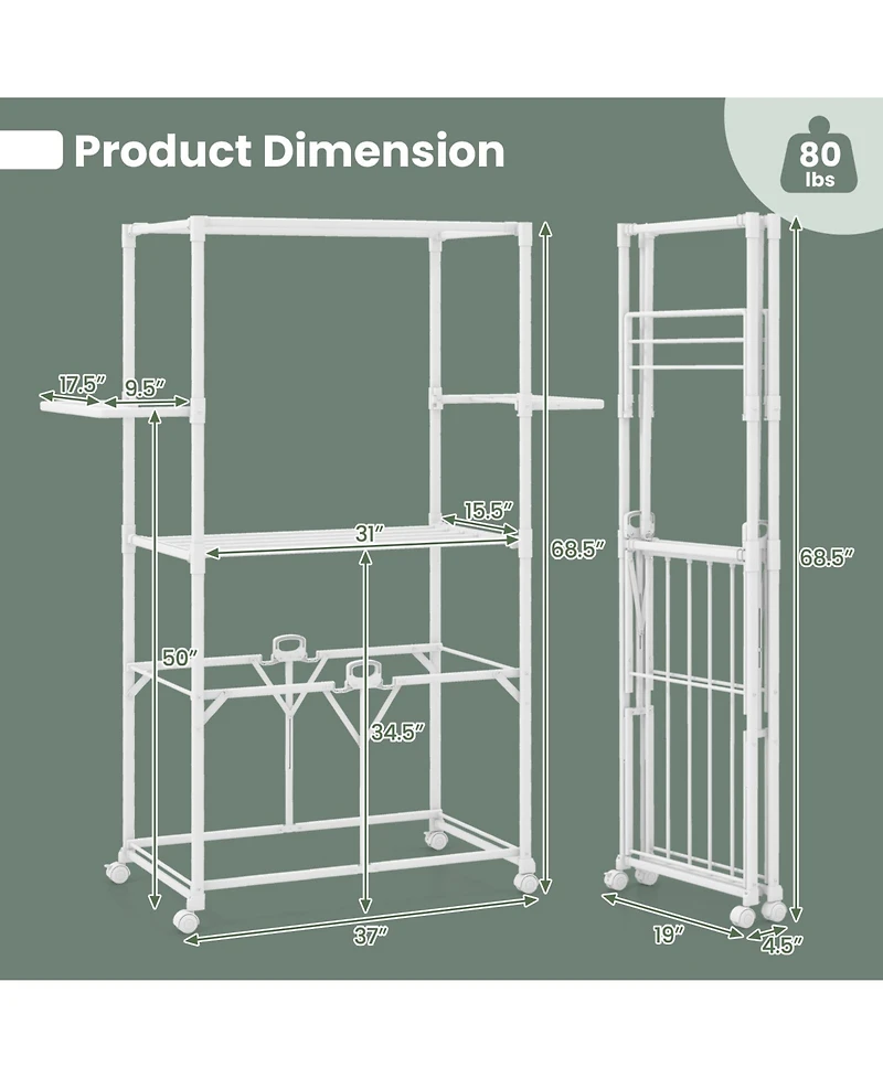 Foldable Clothes Drying Rack, 68.5" Aluminum Laundry Rack with Hanging Rods & Drying Shelves