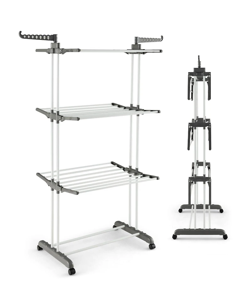 Foldable Clothes Drying Rack, Oversized 4-Tier Collapsible Laundry Rack w/ 3 Retractable Trays, Hanger Holders