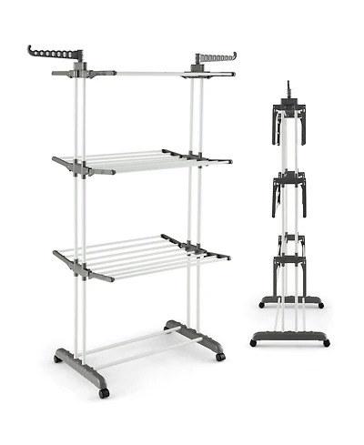 Foldable Clothes Drying Rack, Oversized 4-Tier Collapsible Laundry Rack w/ 3 Retractable Trays, Hanger Holders