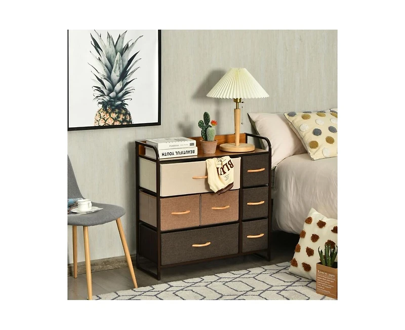 7 Drawer Tower Steel Frame and Wooden Top Dresser Storage Chest for Bedroom