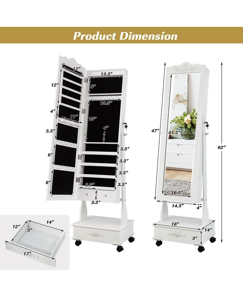 Rolling Floor Standing Mirrored Jewelry Armoire with Lock and Drawers