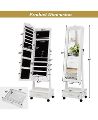 Rolling Floor Standing Mirrored Jewelry Armoire with Lock and Drawers