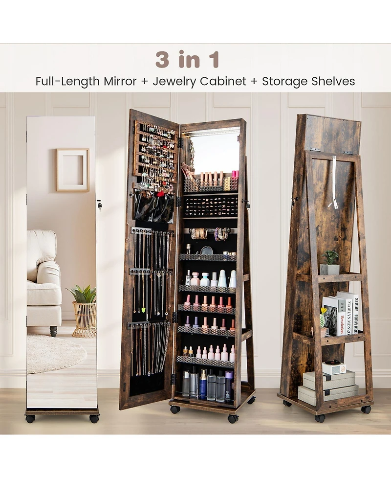 64 Inches Lockable Jewelry Cabinet Armoire with Built-in Makeup Mirror