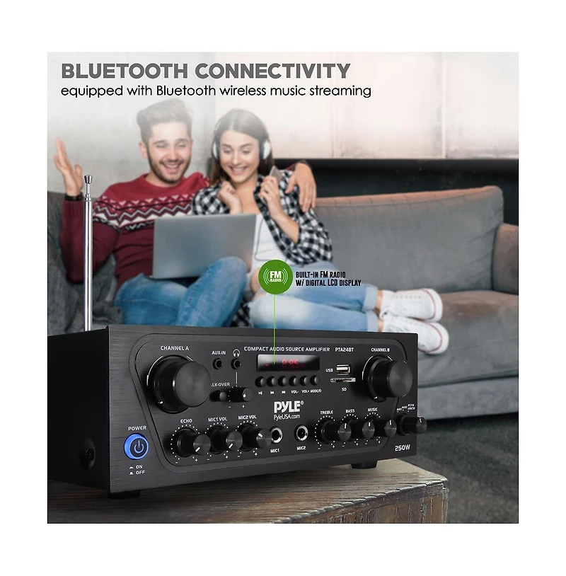 Pyle 250W Bluetooth Compact Home Audio Amplifier - PTA24BT