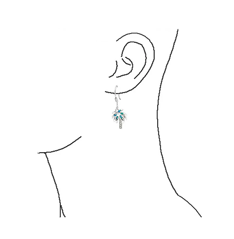 Bling Jewelry Created Blue Opal Beach Tropical Inlay Palm Tree Dangle French Wire Earrings .925 Sterling Silver