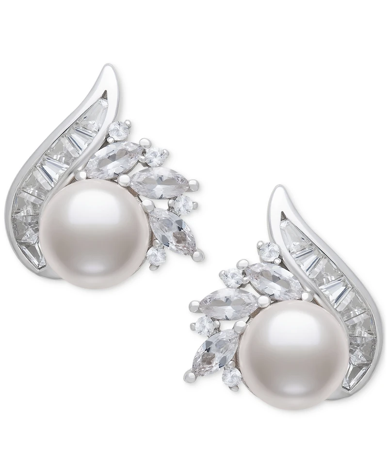 Belle de Mer Cultured Freshwater Pearl (8-9mm) & Lab Created White Sapphire (2 ct. t.w.) Mixed Cut Swirl Stud Earrings in Sterling Silver
