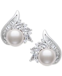 Belle de Mer Cultured Freshwater Pearl (8-9mm) & Lab Created White Sapphire (2 ct. t.w.) Mixed Cut Swirl Stud Earrings in Sterling Silver