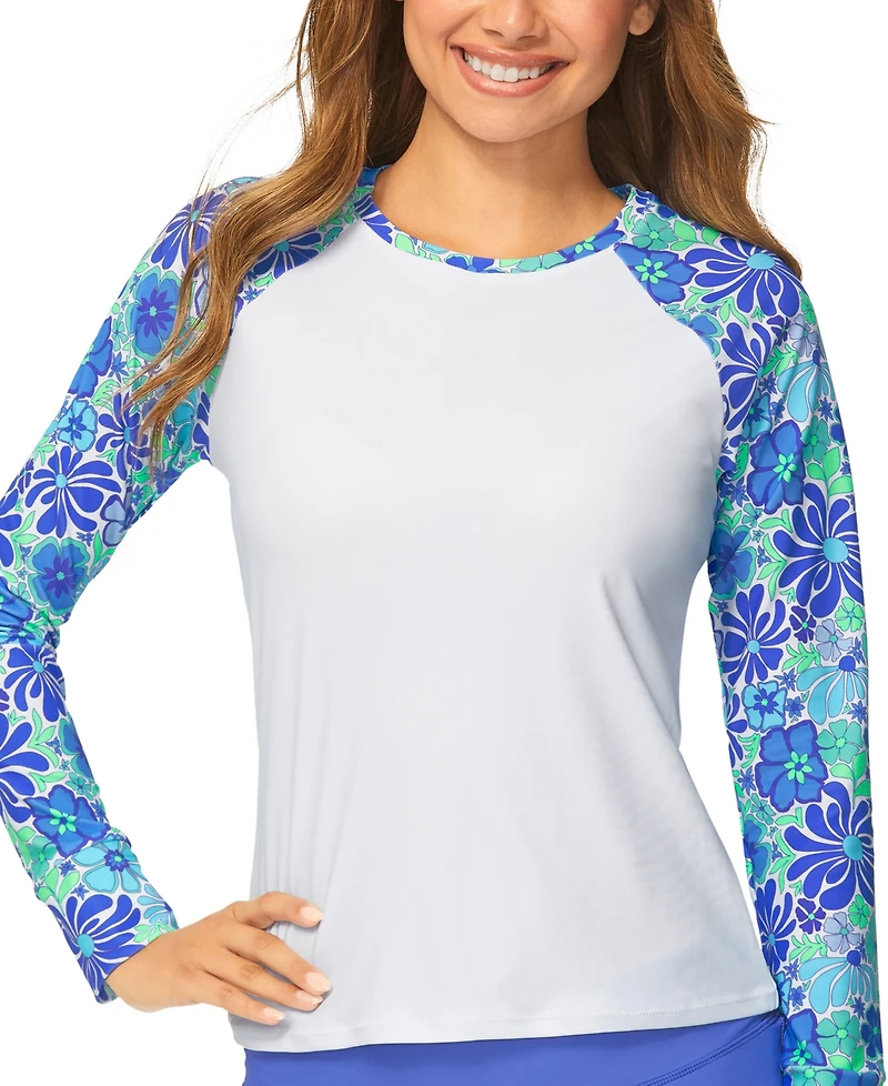 Raisins Juniors' Floral-Print Back-Zip Rash Guard