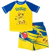 Pokemon Boys Pikachu Upf 50+ Rash Guard Swim Trunks Outfit Set to