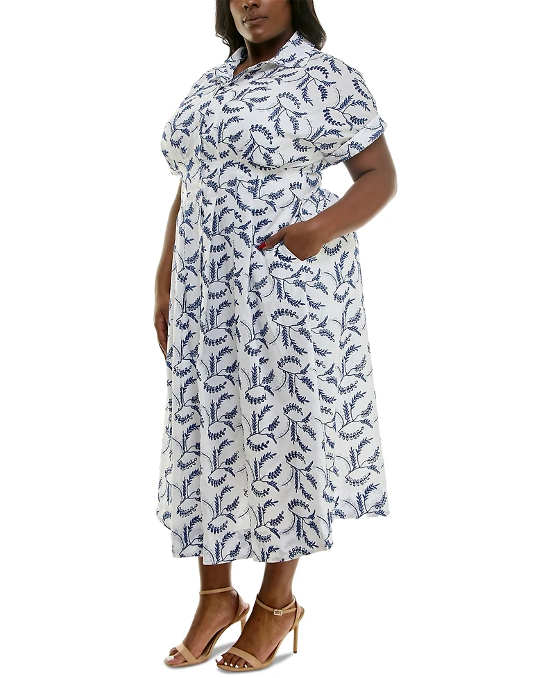 Taylor Plus Size Floral-Embroidered Button-Front Dress