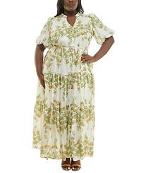 Taylor Plus Floral Split-Neck Puff-Sleeve Maxi Dress