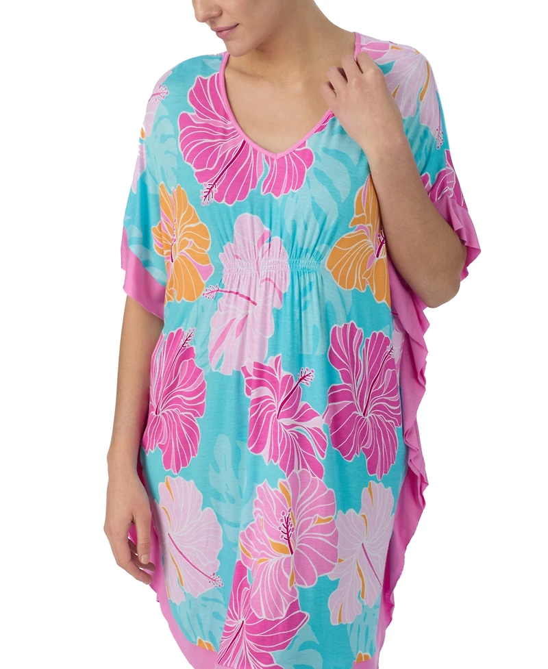 Ellen Tracy Women's Short Floral V-Neck Sleep Caftan