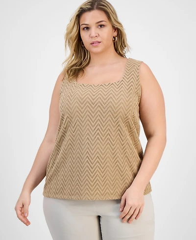 Kasper Plus Herringbone Knit Square-Neck Tank Top