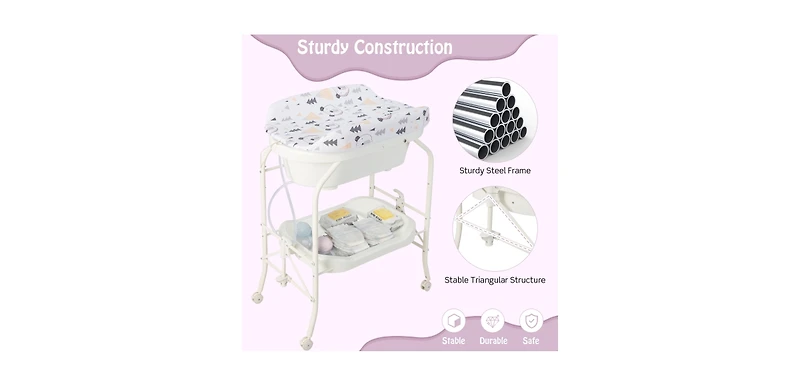 Folding Baby Changing Table with Bathtub and 4 Universal Wheels