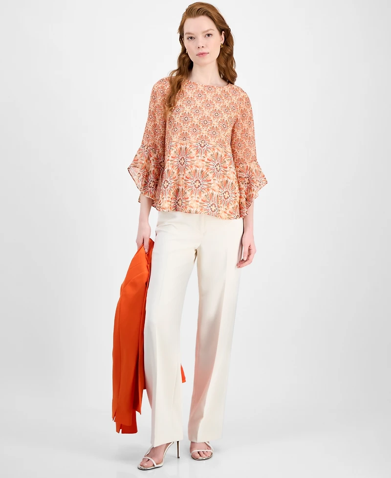 Kasper Women's Printed Boat-Neck Ruffle-Sleeve Blouse, Regular & Petite Sizes