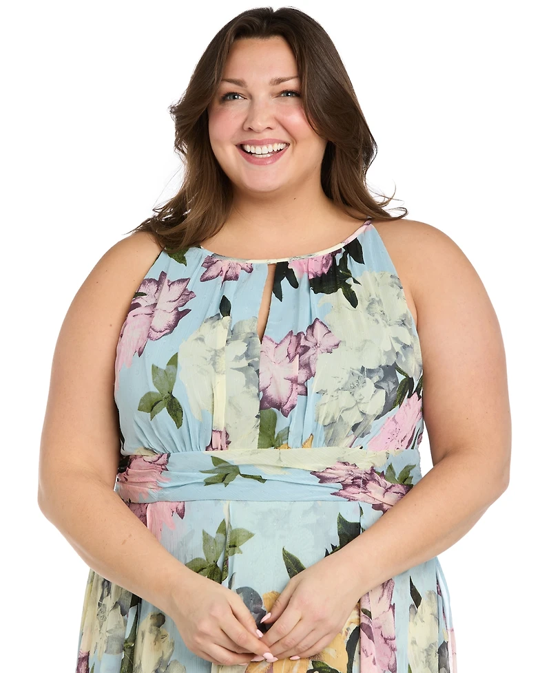 R & M Richards Plus Printed Sleeveless Ruffle Dress