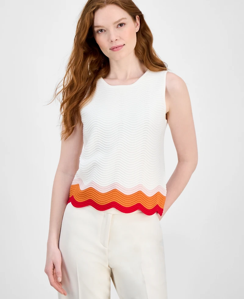 T Tahari Women's Crewneck Striped-Hem Sleeveless Sweater