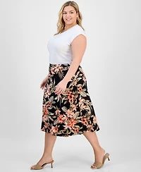 Kasper Plus Printed Pull-On Midi Skirt