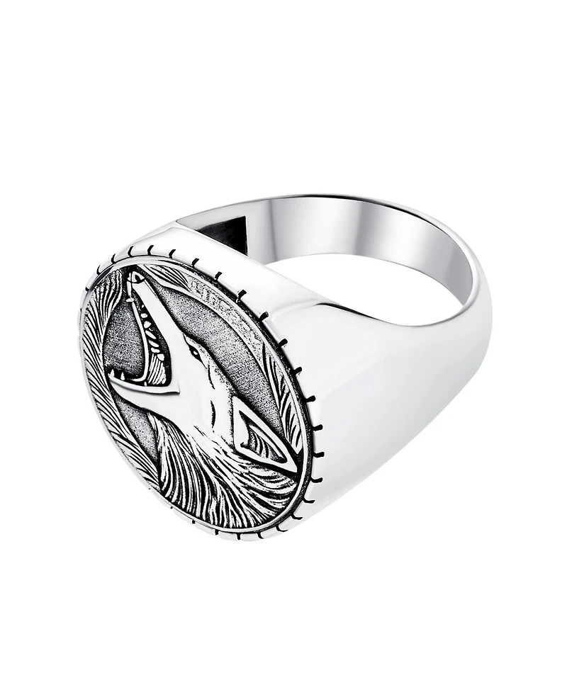 Bling Jewelry Hunter Animal Norse Viking Warrior Signet Fierce Roaring Big Wolf Head Coin Ring Oxidized .925 Sterling Silver