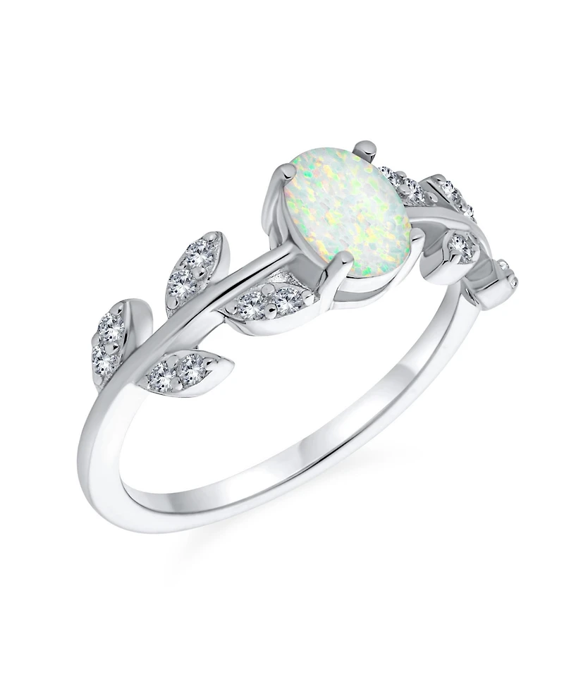 Bling Jewelry Dainty Oval White Created Opal Center Cubic Zirconia Open Leaves Leaf Cz Accent Ring .925 Sterling Silver