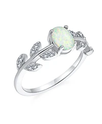Bling Jewelry Dainty Oval White Created Opal Center Cubic Zirconia Open Leaves Leaf Cz Accent Ring .925 Sterling Silver