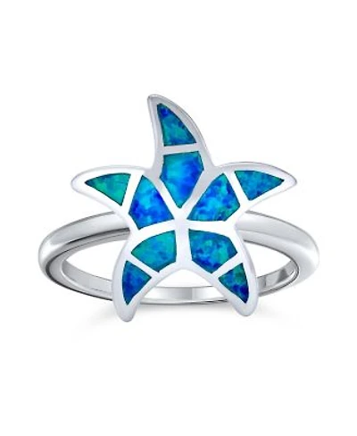 Bling Jewelry Nautical Tropical Beach Blue Created Opal Inlay Starfish Ring .925 Sterling Silver