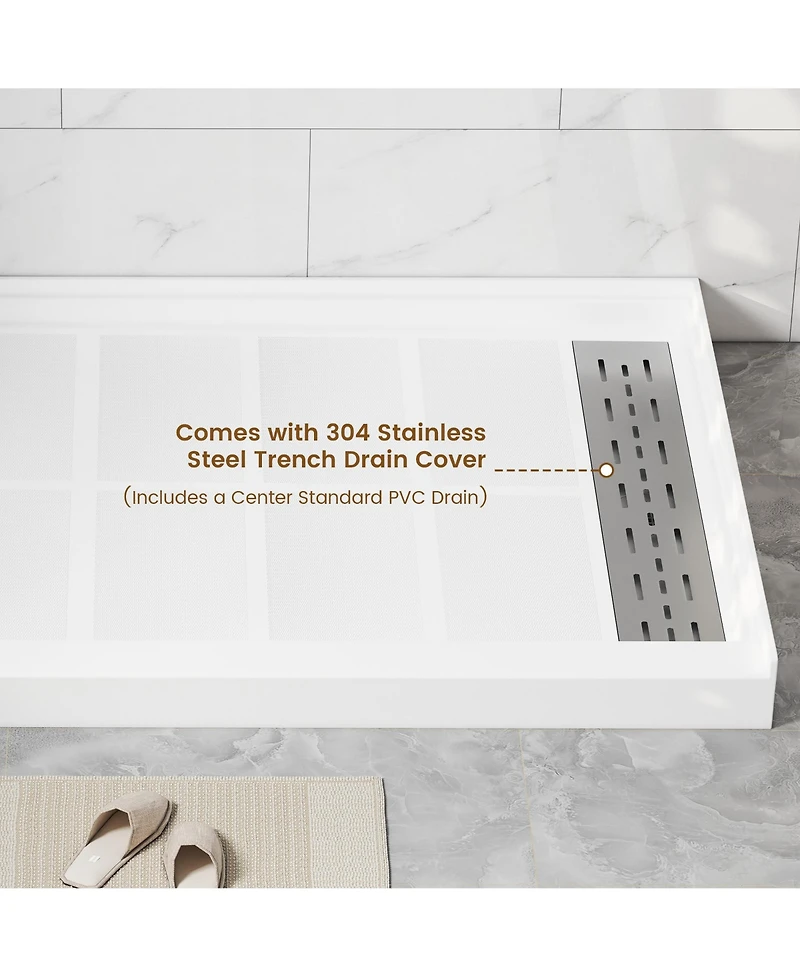 Casainc 60"W X 36"D Smc Single Threshold Shower Base Anti-Slip Shower Pan, Drain Assembly & Drain Cover Included