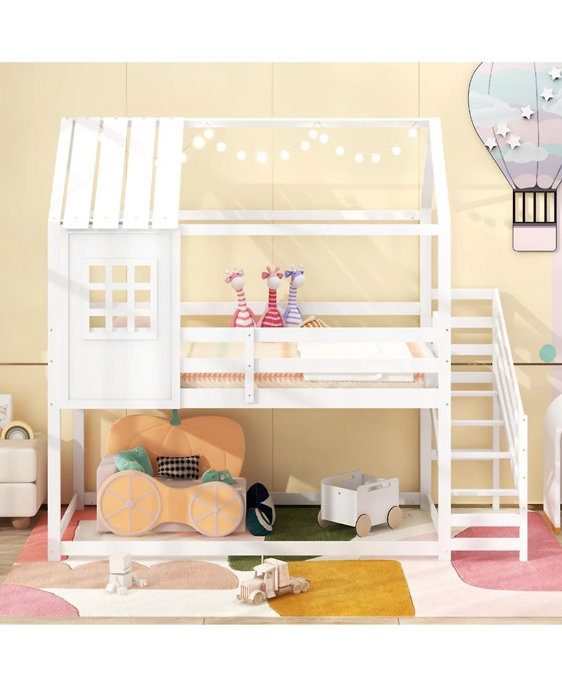 Twin House Bed with Stairs and Roof for Kids