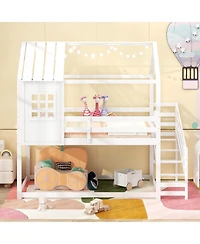 Twin House Bed with Stairs and Roof for Kids