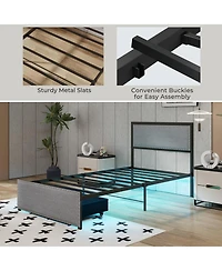 Twin Size Bed Frame with Led Lights Drawer and Metal Slats-Twin Size