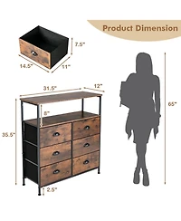 2-Tier Storage Chest with Wooden Top and 6 Fabric Drawers