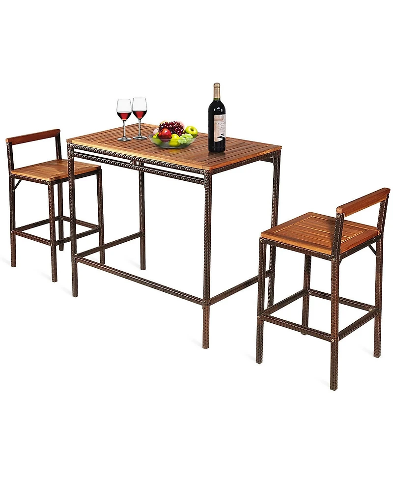 3 Pcs Patio Rattan Wicker Bar wood Table Chair Outdoor