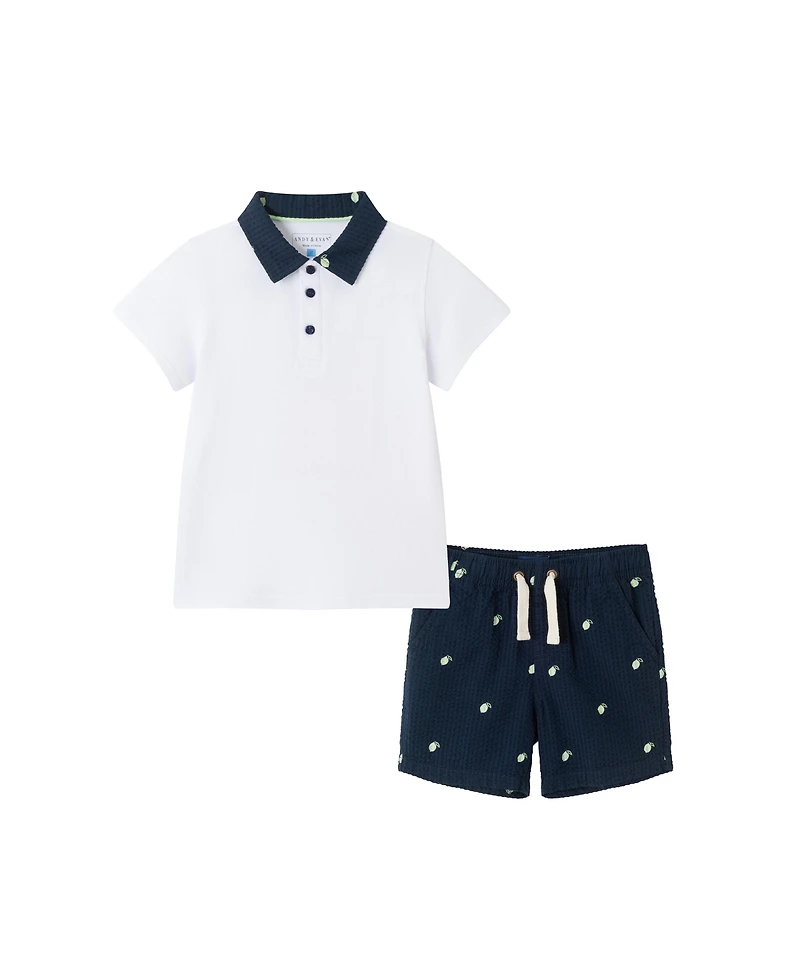 Andy & Evan Toddler Boys Toddler/Child White Polo Seersucker Limes Short Set