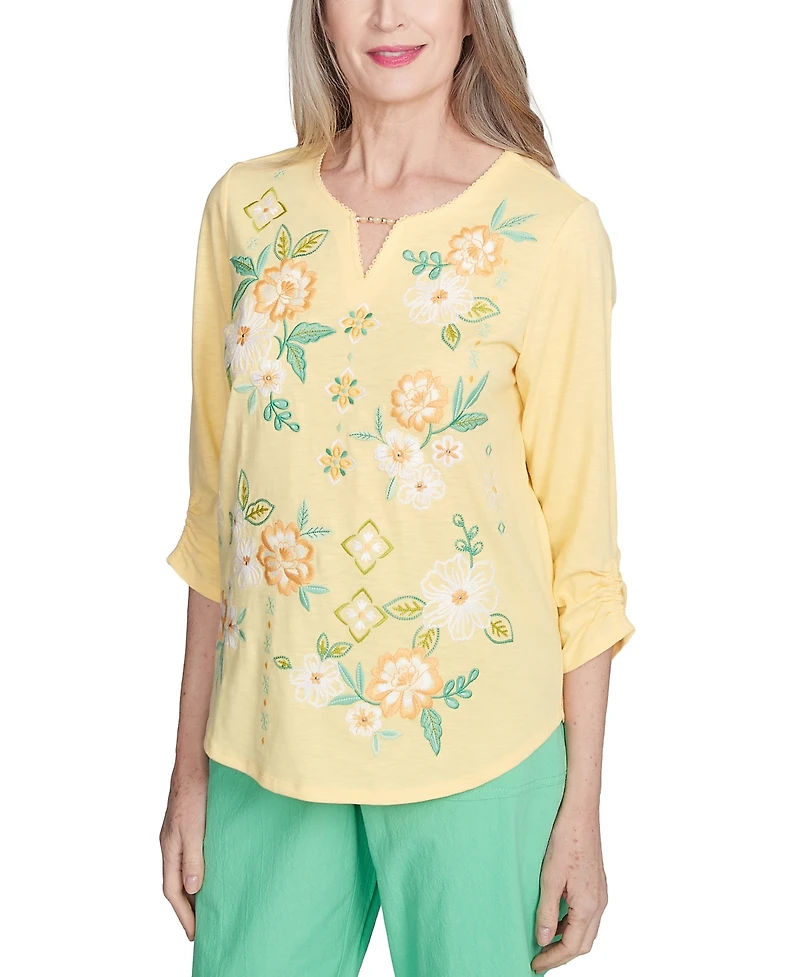 Alfred Dunner Women's Rise Shine Sunny Floral Embroidered Split Neck Top