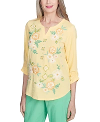 Alfred Dunner Women's Rise Shine Sunny Floral Embroidered Split Neck Top